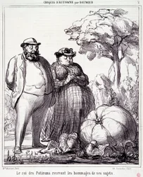 Karikatur über Gartenarbeit. Serie „Herbstskizze“: „Der Kürbiskönig empfängt Huldigungen von seinen Untertanen“