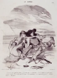 Karikatur über Jäger. Serie „Die schönen Tage des Lebens - Die Jagd“: „Ich sage dir, ich habe ihn vertrieben...“ Gravur von Honore Daumier (1808-1879). Auszug aus der Zeitung „Le Charivari“ vom 10. Januar