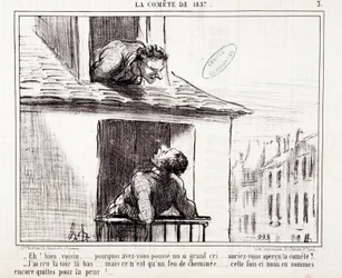 Karikatur über Wissenschaft. Serie über „den Kometen von 1857“: „Nun, Nachbar... warum hast du so einen großen Schrei gemacht...“ Gravur von Honore Daumier (1808-1879). Auszug aus der Zeitung „Le Charivari“ vom 11. März