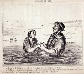 Karikatur über Touristen im Urlaub. Serie „aux Bains de Mer“: „Monsieur le bathneur... ist es wahr, dass es Haie in Dieppe gibt?...“ Gravur von Honore Daumier (1808-1879). Auszug aus der Zeitung „Le Charivari“ am 8. Juni