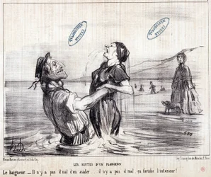 Karikatur über Touristen im Urlaub. Serie „Les Bains de Mer“: „Aquatische Skizze. Die Sequenzen eines Tauchgangs“. Gravur von Honoré Daumier (1808-1879). Auszug aus der Zeitung „Le Charivari“ von 1853.