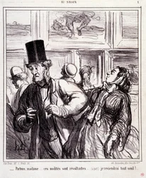 Karikatur über Kunstliebhaber. Serie „Im Salon“: „Lass uns gehen, Madam... diese Nacktheiten sind empörend... ich werde allein zurückkehren“