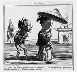 Christi! Ich weiß nicht, wie man Chinesisch spricht... Ich werde ihr gerne etwas Angenehmes für sie und Unangenehmes für ihren Mann sagen!... In der Serie En Chine, Illustration von Honore Daumier (1808-1879), veröffentlicht in „Charivari“, datiert 12. Jan
