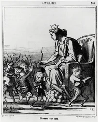 Europa: fremd für 1868. Europa verteilt Gewehre und Kanonen an jeden Vertreter der Länder, erkennbar an ihrem Hut. Illustration von Honore Daumier (1808-1879), veröffentlicht in den Nachrichten, „Charivari“, datiert 23. Dezember 1867