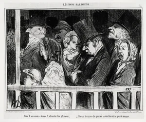 Gute Pariser: Pariser warten auf Vergnügen, zwei Stunden Schlange vor irgendeinem Theater. Illustration von Honoré Daumier (1808-1879), veröffentlicht in „Le Charivari“, datiert auf den 5. März