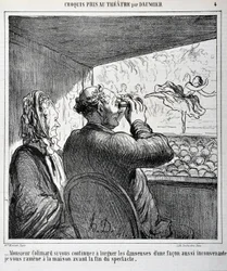 Herr Colimard, wenn Sie die Tänzerinnen weiterhin auf so unangemessene Weise betrachten, werde ich Sie vor dem Ende der Vorstellung nach Hause bringen. Gravur von Honore Daumier in Le Charivari. Palais Longchamp, Musee des Beaux Arts de Marseille