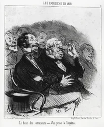 Pariser im Jahr 1852: die Bank der Amateure, Ansicht in der Oper. Illustration von Honore Daumier (1808-1879), veröffentlicht in den Nachrichten, „Charivari“, datiert 15. Januar