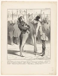 Robert-Macaire im Gespräch mit Bertrand vor dem Schaufenster eines Druckhandels