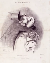 Die schönen Tage des Lebens: Treffen auf dem Land. Gravur von Honoré Daumier. Auszug aus der Zeitung Le Charivari am 8. September