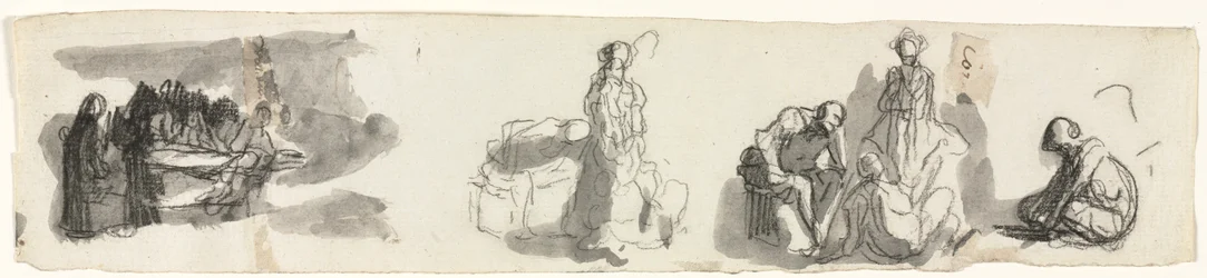 Blatt mit Studien einer Gruppe von vier Figuren rechts, Skizzen verschiedener Figuren
