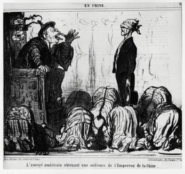 Der amerikanische Gesandte erhält eine Audienz beim Kaiser von China. In der Serie En Chine, Illustration von Honoré Daumier (1808-1879), veröffentlicht in Charivari, datiert 21. Oktober