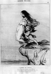 Der Tod von Sapho (Sappho). „Junge Dame, sieh oder führe uns die Liebe! Unter unseren Füßen so süß, gräbt der Gueux einen Abgrund, in den wir leicht fallen; denn vom Vergnügen zum Verbrechen ist der Weg sehr kurz.“ Serie „Histoire ancienne“, Karikatur von 