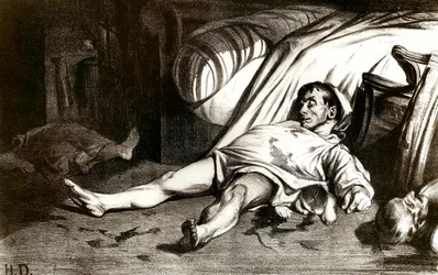 Das Massaker in der Rue Transnonain am 14/04/1834: Das Militär massakriert die Bewohner des Gebäudes Rue Transnonain 12 in Paris und besetzt es nach dem Tod eines seiner Offiziere erneut - Lithografie von Honoré Daumier (1808-1879), 1837. Privatsammlung