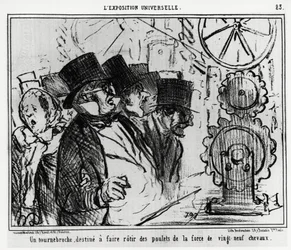 Weltausstellung: ein Plattenspieler, entworfen, um Hühner mit der Kraft von neunundzwanzig Pferden zu braten. Illustration von Honore Daumier (1808-1879), veröffentlicht in den Nachrichten, „Charivari“, datiert 20. Juli 1855