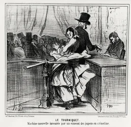 Weltausstellung: das Drehkreuz: eine neue Maschine, erfunden von einem Feind der Reifröcke. Illustration von Honore Daumier (1808-1879), veröffentlicht in den Nachrichten, „Charivari“, datiert 26. Juni 1855