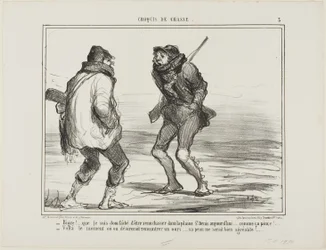„- Brrrr! Ich bin wütend, dass ich hierher gekommen bin, um auf der St. Denis-Ebene zu jagen. Es ist einfach zu kalt!... - Einer dieser Tage, an denen man gerne einen Bären fangen würde. Sein Fell wäre jetzt mehr als willkommen!“, Platte 3 aus Croquis De C