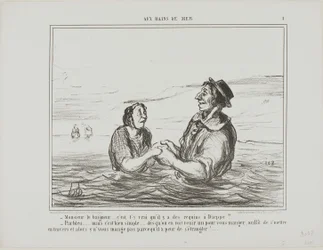 „- Herr Bademeister... stimmt es, dass es Haie in Dieppe gibt? - Natürlich... aber es ist ganz einfach... sobald Sie einen kommen sehen, um Sie zu fressen, müssen Sie sich nur seitlich hinlegen. Er wird Sie nicht fressen, aus Angst zu ersticken“, Tafel 1 a