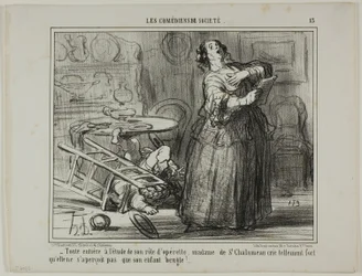 - Von ihrer Operettenrolle eingenommen, schreit Madame de St. Chalumeau so laut, dass sie das Gebrüll ihres Kindes nicht bemerkt, Platte 13 aus Les Comédiens De Société