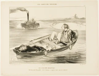 Eine unangenehme Begegnung. „Bernardel, Bernardel! Hier kommt der Dampfer... wir werden sinken!“, Platte 16 aus Les Canotiers Parisiens