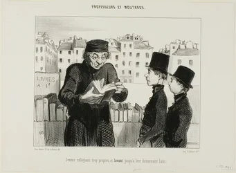 Saubere junge Gymnasiasten, sie versuchen sogar, ihr Lateinwörterbuch zu verkaufen, Tafel 24 aus Professeurs et Moutards (Professoren und Gauner)