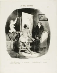 „Kommen Sie herein, Monsieur, seien Sie nicht schüchtern. Es ist ein lebendiges Bild... genau wie (man es sehen würde) an der Porte St. Martin,“ Tafel 62 aus Les Bons Bourgeois