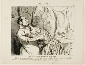 Im Inneren einer Metzgerei in Paris. „Komm schon, mein Lieber..... Ich weiß, es ist schwer, unser Rindfleisch so billig zu verkaufen..... aber das ist kein Grund, wie ein Kalb zu weinen!“, Platte 75 aus Actualités