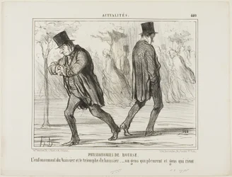 Physiognomie der Börse. Die Verzweiflung des Baissiers und der Triumph des Haussiers - oder Weinen und Lachen, Platte 440 aus Actualités