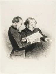 Das illustrierte Rebus. „- Seltsam! Ich kann das Rebus im heutigen Charivari nicht erraten! - Ich glaube, ich habe ein Wort - Ich habe mehrere Wörter - Ich habe alles! Ich muss es meiner Frau erzählen,“ Tafel 39 aus Les Beaux Jours De La Vie