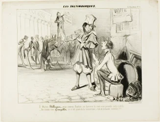 Die Gaukler. „- Oh Maître Bilboquet, wir haben es geschafft... diese Clowns werden uns die Show stehlen! Keine Sorge, Gringaillet, sie sind keine Konkurrenz, sie sind nur Komödianten!,“ aus Les Saltimbanques