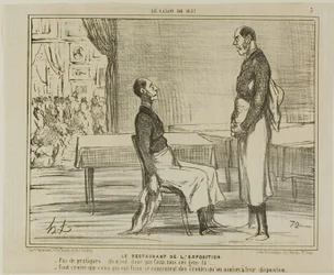 Das Restaurant auf der Ausstellung. „- Überhaupt keine Kunden... sind diese Leute nicht hungrig? - Ich denke, die Hungrigen essen die angebotenen Snacks,“ Tafel 3 aus Le Salon De 1857