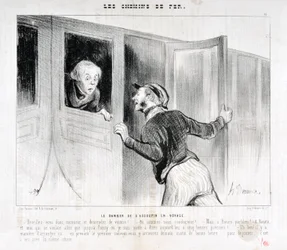 Werk von Honore Daumier (1808-1879). Charivari stammt aus dem Jahr 1843: Serie LES RAILWAYS Die Gefahr, auf einer Reise einzuschlafen - Wach auf, Herr, und steigen Sie aus dem Wagen! - Wohin fahren wir? - Aber nach Rouen, parbleu! - Nach Rouen und ich woll