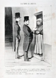Werk von Honore Daumier (1808-1879). Charivari stammt aus dem Jahr 1845: Serie LES PEANS DE JUSTICE -... und sprach an seiner Tür so erklärte, hat ihm bedeutet, dass er der genannten Vorladung gehorchen musste, andernfalls und im Falle des Versäumnisses, d