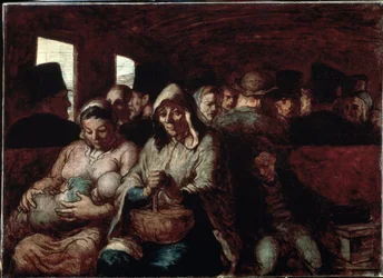„Der Wagen der dritten Klasse“ (Ein Wagen der dritten Klasse). Zwei Mütter aus einfachen sozialen Verhältnissen in einem Zug mit ihren Kindern. Honoré Daumier (1808-1879), 1862-1864, Museum der Schönen Künste, Ottawa, Kanada