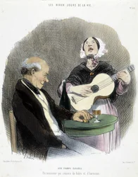 Mann trinkt in Gesellschaft eines Sängers - in „Les Beaux Jours de la Vie“ von Honoré Daumier
