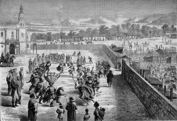Mexikanischer Brauch: Indianerfest und Tanz in Santa Anna (Mexiko) zur Erinnerung an die Eroberung durch Fernando Cortez. Die Mexikaner waren als spanische Konquistadoren und Soldaten der aztekischen Armee von Montezuma verkleidet. 1863. Gravur in „Le Mond