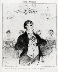 Musikalische Skizzen: versucht, eine reiche Erbin mit seiner Brust zu faszinieren. Illustration von Honore Daumier (1808-1879), veröffentlicht in „Charivari“, datiert 14. Februar 1852.