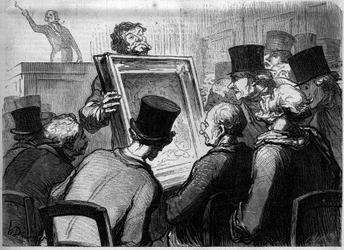 Malerei Liebhaber im Hotel Bouillon. Karikatur von Honore Daumier. Gravur in „Le Monde Illustré“ Nr. 250 vom 25. Januar