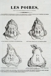 Birnen: Karikatur, die eine Metamorphose des Gesichts Louis-Philippes zu einer Birne darstellt. Zeichnung von Honoré Daumier (1808-1879) nach der Originalzeichnung von Charles Philipon (1806-1862), „La Caricature“, Januar 1832, Paris, Musée Carnavalet
