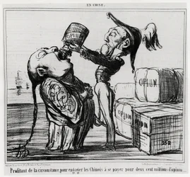 Zweiter Opiumkrieg (1856-1860): 1858 stimmte die chinesische Regierung der Legalisierung des Opiumhandels zu. „Die Umstände nutzen, um die Chinesen zur Zahlung von zweihundert Millionen für Opium zu bewegen“, aus der Serie „En Chine“, Illustration von