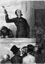 Das Auktionshaus: der Auktionator. Karikatur von Honoré Daumier (1808-1879). Gravur in „Le Monde Illustré“ Nr. 300 vom 10. Januar