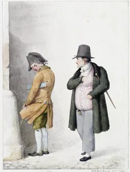 Mann uriniert gegen eine Wand und ein anderer Passant - Lithografie von Brunet