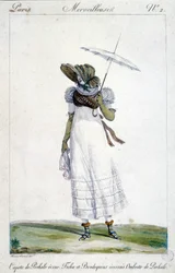 Modegravur von Horace Vernet (1789 - 1863), um 1810 für „A Wonderful“ gefertigt, eine Frau darstellend, die einen ecrufarbenen Baldachin, eine blutige, karierte Stickerei und einen Regenschirm trägt