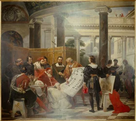 Papst Julius II. befiehlt die Arbeiten am Vatikan und der Basilika St. Peter in Rom, umgeben von Michelangelo, Bramante und Raphael. Gemälde von Emile Jean Horace Vernet