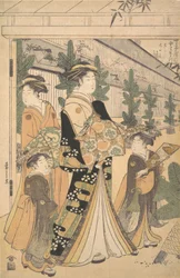 Zwei Oiran mit zwei weiblichen Begleitern in Yoshiwara