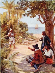Crusoe erscheint vor dem Kapitän des Schiffes, Illustration für 