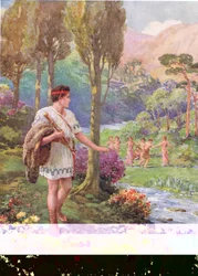 „Im Schatten von Felsen und Bäumen tanzten Nymphen und Hirten“, Illustration zu „Wie Theseus die Menschenfresser erschlug“, aus The Heroes of Greek Fairy Tales von Charles Kingsley (1819-75)