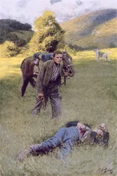 Ein einsames Duell in der Mitte eines großen sonnigen Feldes, Illustration aus 