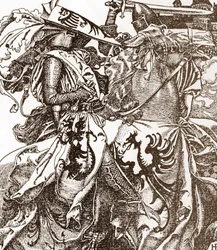 Artussage: Kay, Ritter der Tafelrunde, zerbricht sein Schwert bei einem Turnier (Illustration von Howard Pyle aus „Die Geschichte von König Artus und seinen Rittern“ 190)