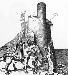 Artussage: Tristan kommt zum Schloss von Nabon Illustration von Howard Pyle (1853-1911) aus „The Story of the champions of the round table“ 1905 Private Sammlung