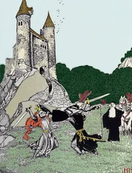 Kampf zwischen König Artus (Arthur) und dem schwarzen Ritter in Gegenwart des Zauberers Merlin. Illustration von Howard Pyle (1853-1911), amerikanischer Illustrator
